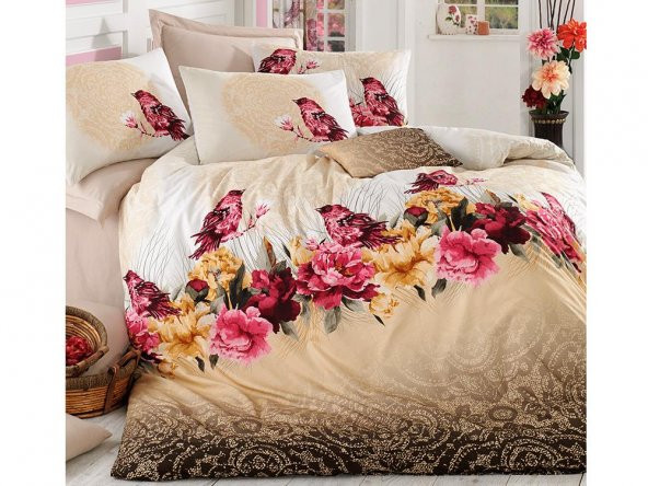 Çalı Kuşu 100 Pamuk Çift Kişilik Nevresim Takımı Kahve