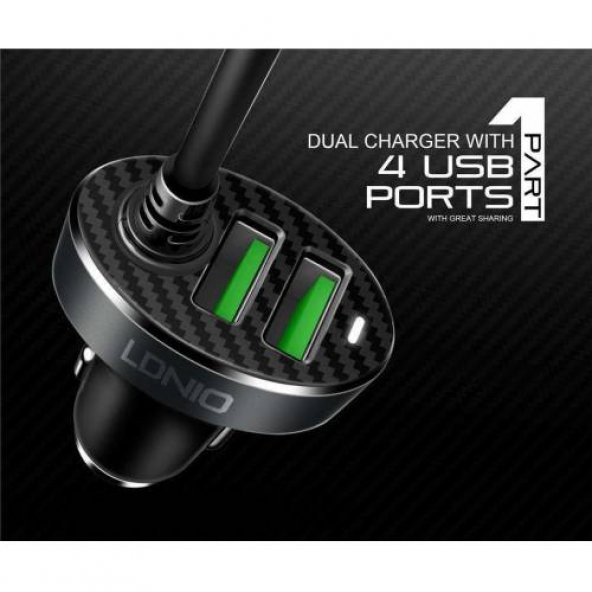 LDNIO C502 5.1A 4 Portlu USB Araba Şarj Aleti Uzatma Kablosu - 2
