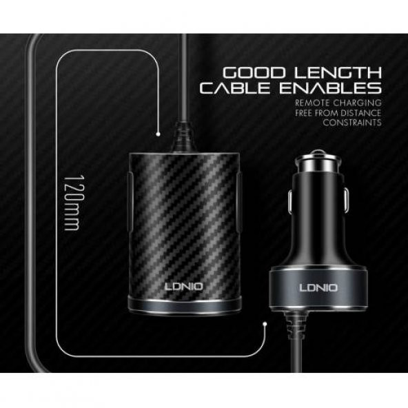 LDNIO C502 5.1A 4 Portlu USB Araba Şarj Aleti Uzatma Kablosu - 3