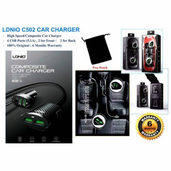 LDNIO C502 5.1A 4 Portlu USB Araba Şarj Aleti Uzatma Kablosu - 5