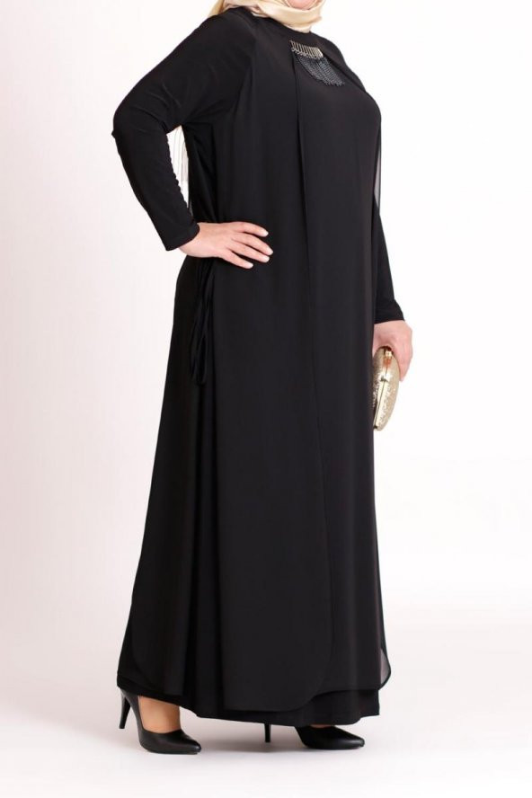 B40003 Büyük Beden Yandan Bağcıklı Sandy Elbise  Siyah