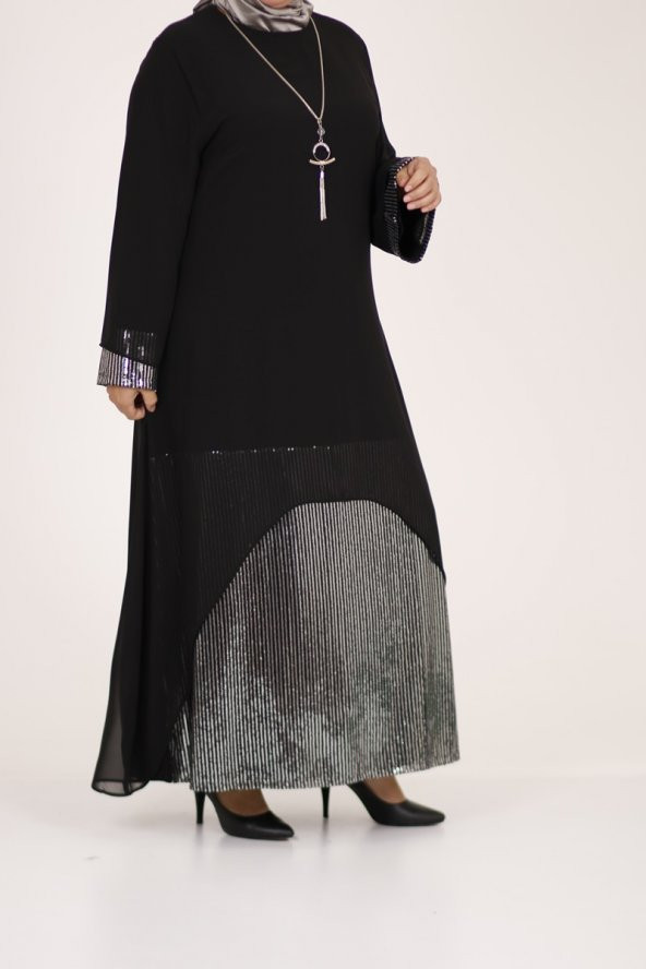 B40011 Büyük Beden Pul Payet Sandy Elbise - Siyah