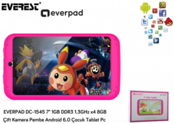 Everest EVERPAD DC-1545 Çift Kamera Pembe 7 1GB DDR3 1.3GHz x4 8GB Android 6.0 Çocuk Tablet Pc