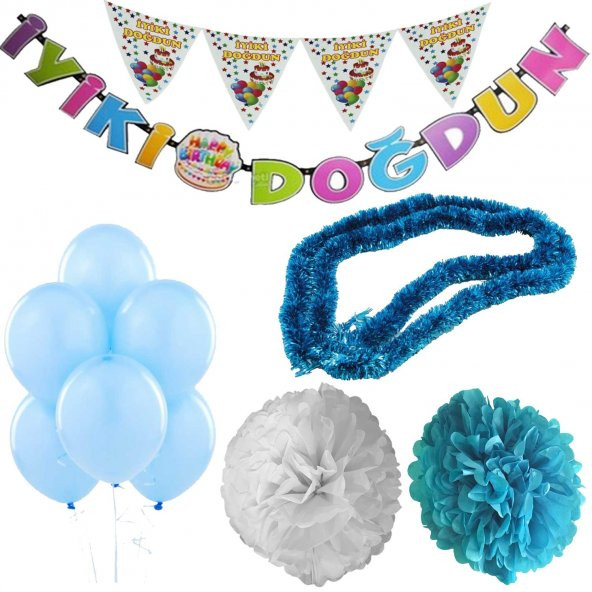 Açık Mavi Kız Çocuk Bebek Doğum Günü Parti Süsleri Malzeme Seti