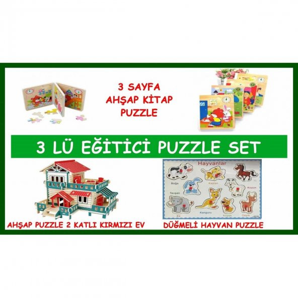 Eğitici Oyuncak 3 in 1 Zeka Set Kitap Puzzle Düğmeli Hayvan Puzzle Kırmızı Ev Ahşap Puzzle Oyun Seti
