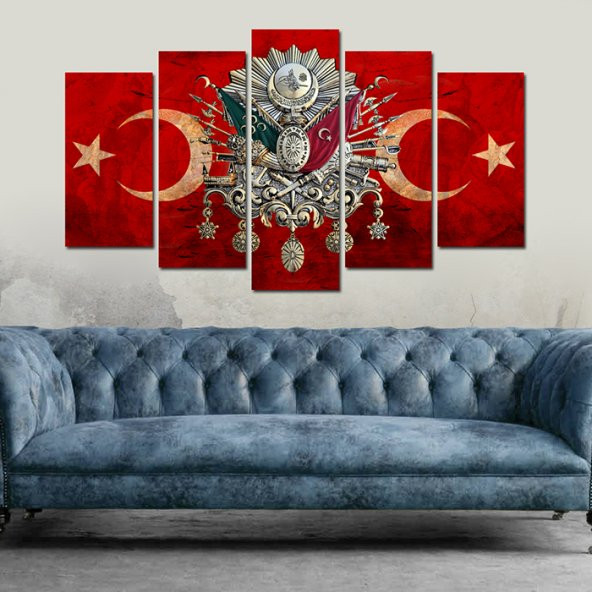 Osmanlı Arma Kırmızı Hilal 5 Parçalı MDF Tablo