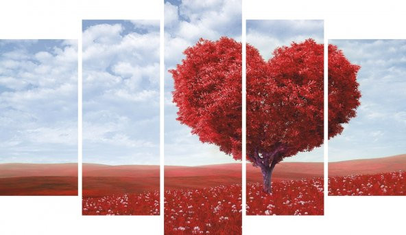 Kalp Ağaç Manzara 5 Parçalı MDF Tablo