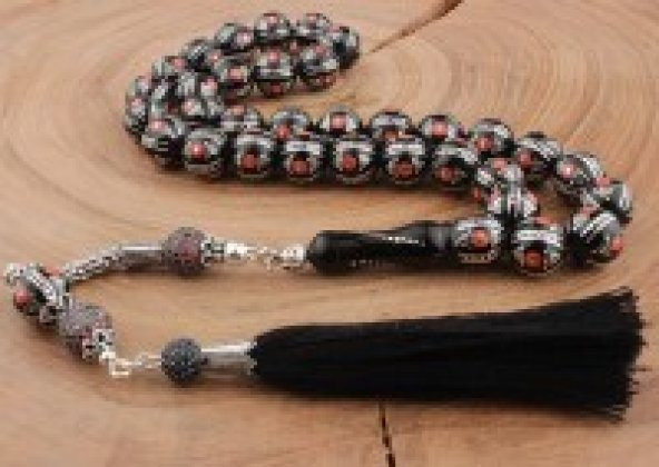 Gümüş Ve Mine İşlemeli Büyük Boy Oltu Taşı Tesbih - 1