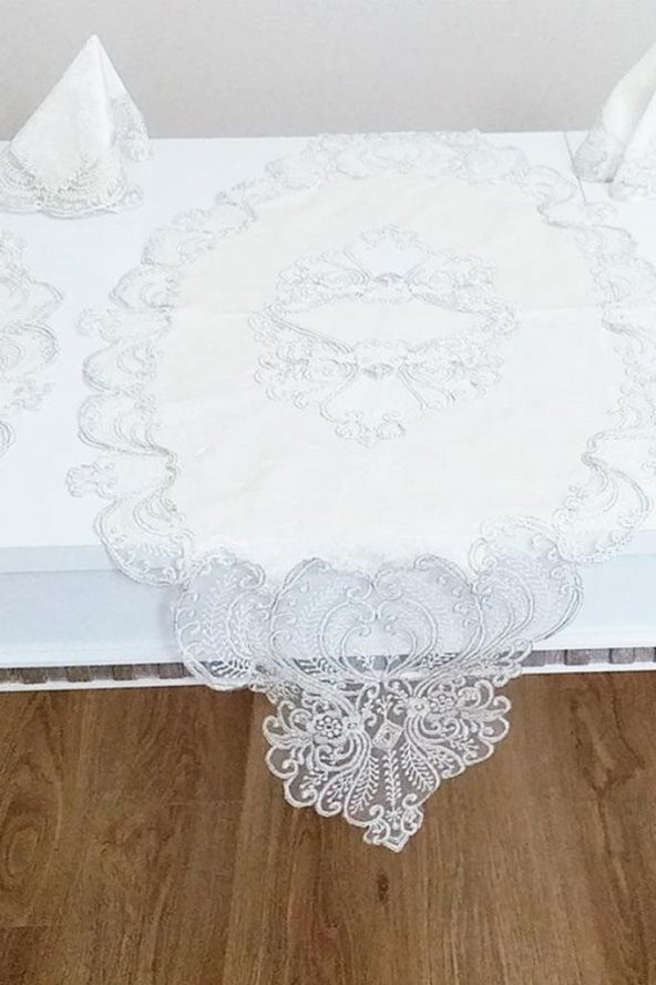 Fransız Güpürlü Yasemin Kadife Salon Takımı 5 Parça Krem - 5