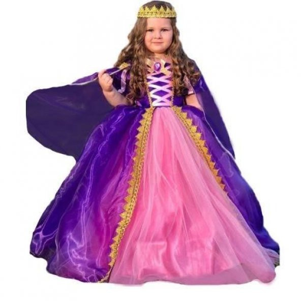 Rapunzel Kostüm - Taçlı Rapunzel Kostümü - Pelerinli Taclı Rapunz