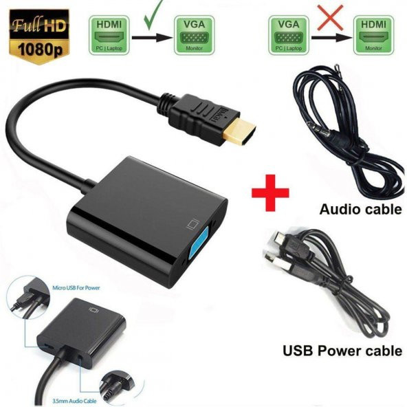 Hdmi TO VGA ÇEVİRİCİ KABLOSU Micro USB Güç SİYAH HDMI Dönüştürücü