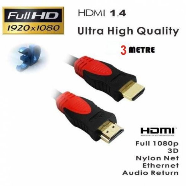 Hdmi to Hdmi 3 Metre Hdmi Kablo Altın Uçlu Full HD 3D v1.4b