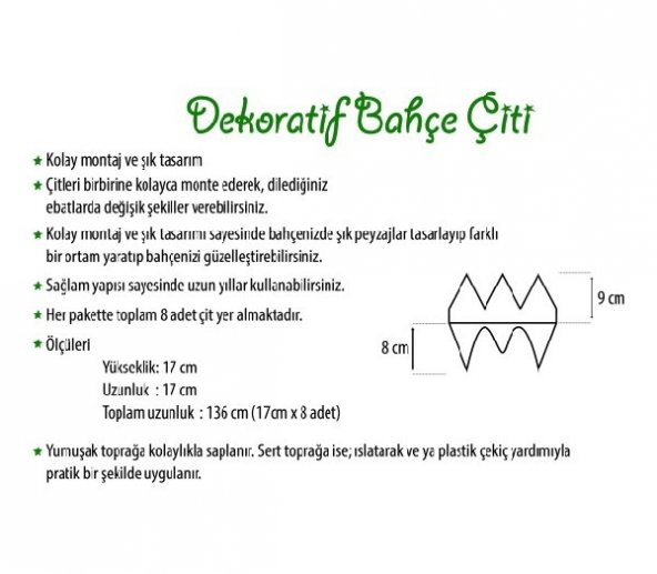 Dekoratif Bahçe Çiti Renkli Geçirmeli Bahçe Çiti 17 CM UZUNLUK x 8 Ad 1,36 m - 8