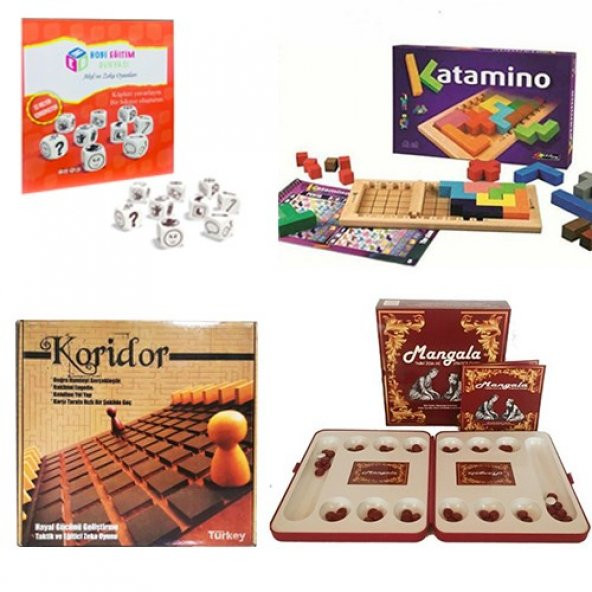 Kutu Oyunları Ahşap Koridor  Katamino + Mangal + Hikaye Küpleri 4 Lü Oyun Seti Eğitici Strateji Oyun