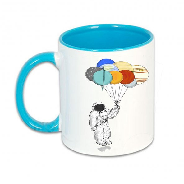 Baloncu Astronot baskılı içi ve kulpu renkli porselen kupa
