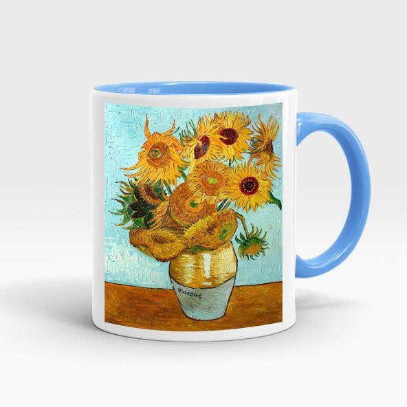 Van Gogh baskılı içi ve kulpu renkli kupa