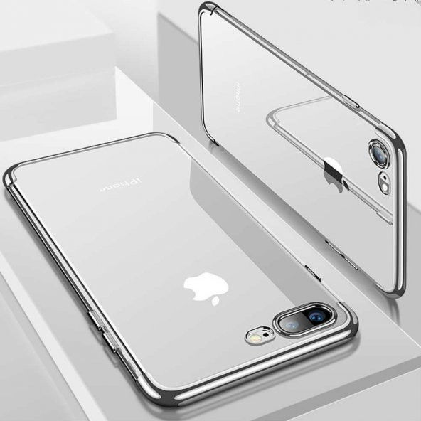 iPhone 7 Kılıf Dört Köşeli Lazer Silikon Gümüş
