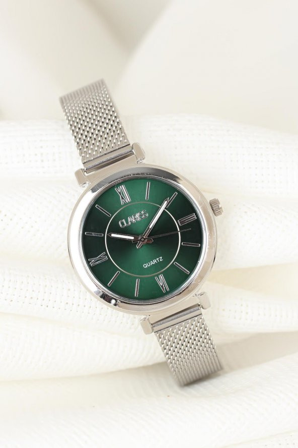 Silver Renk Kaplama Hasır Metal Kordonlu Yuvarlak Metal Yeşil İç Tasarımlı Kasa Clariss Marka Bayan Saat