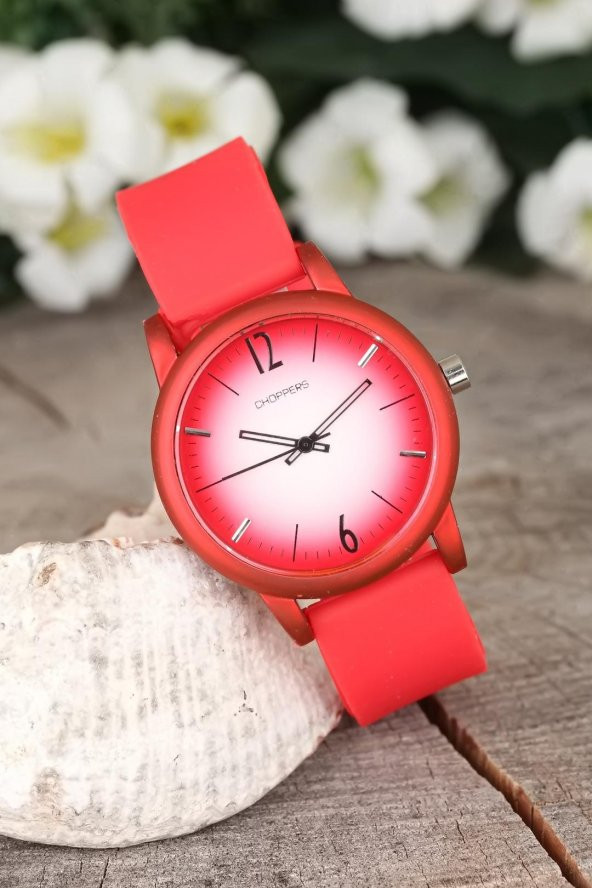 Kırmızı Renk Silikon Kordonlu Beyaz Renk İç Tasarımlı Bayan Kol Saati