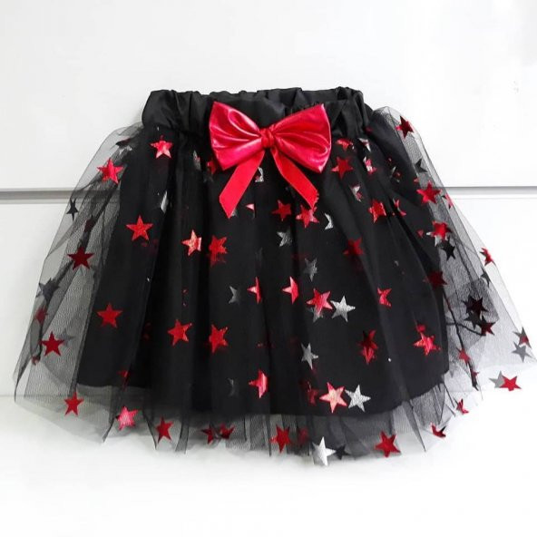 Kırmızı Kurdelalı Simli Yıldızlı 23 Nisan Kız Çocuk Etek Elbise