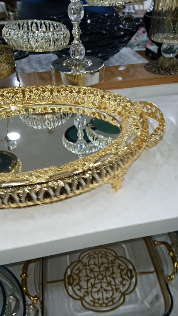 Aynalı Gold Rengi İşlemeli Tepsi (38x26) - 2