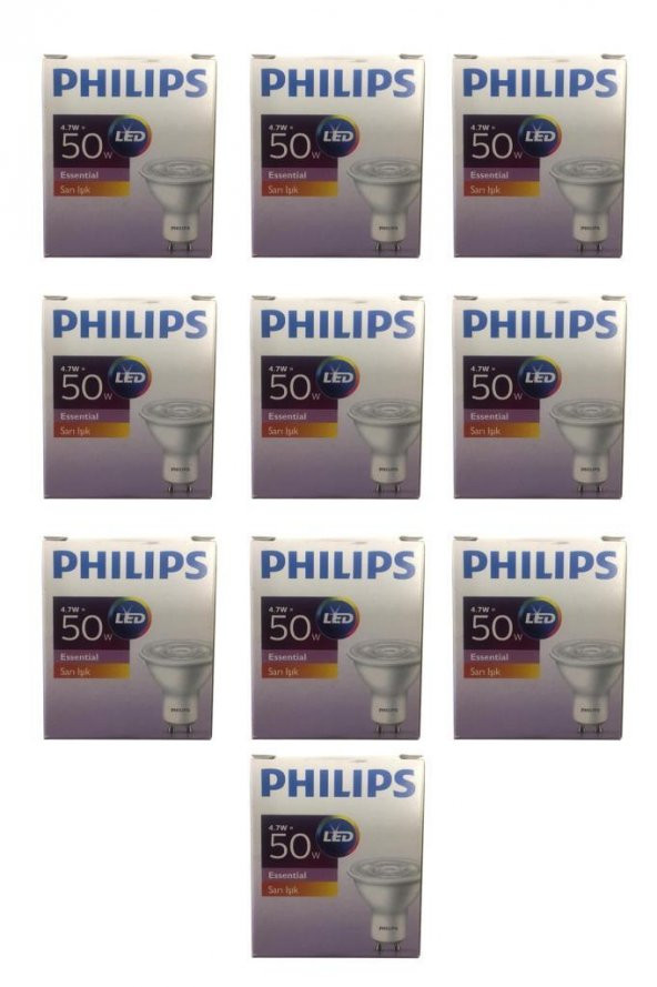 Philips 4.7 50W Essential Ledspot Ampul 4.7 50W Gu10 2700K Sarı Isık 10 Adet