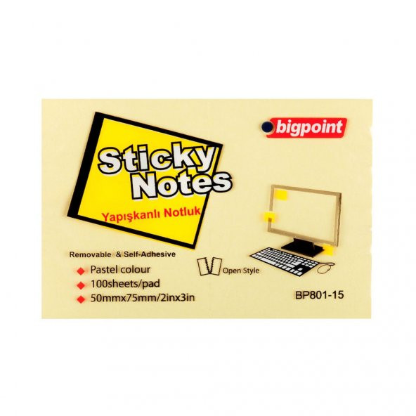 Bigpoint Yapışkanlı Not Kağıdı (75x50mm) Sarı