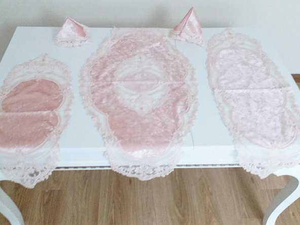 Fransız Güpürlü Orkide Kadife Salon Takımı 5 Parça Pudra - 3