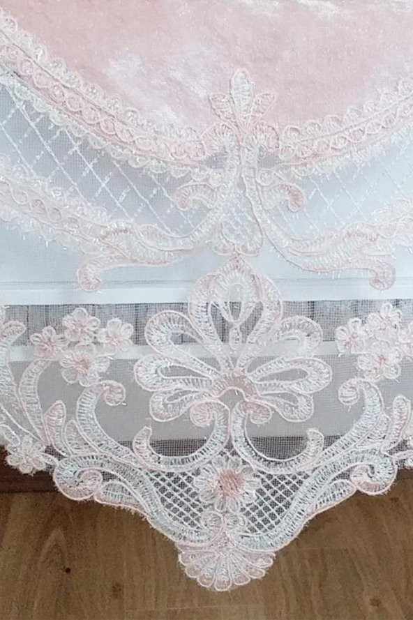 Fransız Güpürlü Orkide Kadife Salon Takımı 5 Parça Pudra - 4