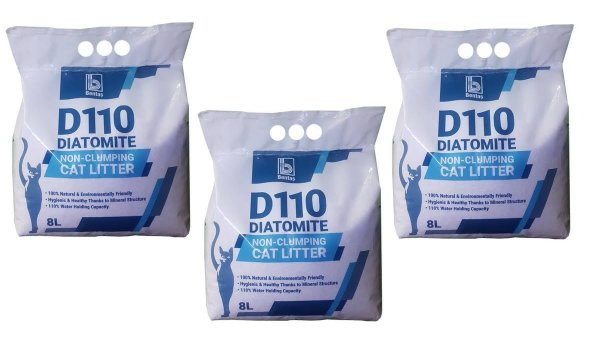 D110 Diatomit Topaklanmayan Kedi Kumu 8 Lt * 3 Adet