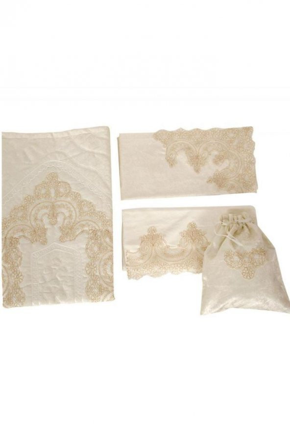 Fransız Güpürlü Osmanlı Kadife Bohça Seti Gold - 4