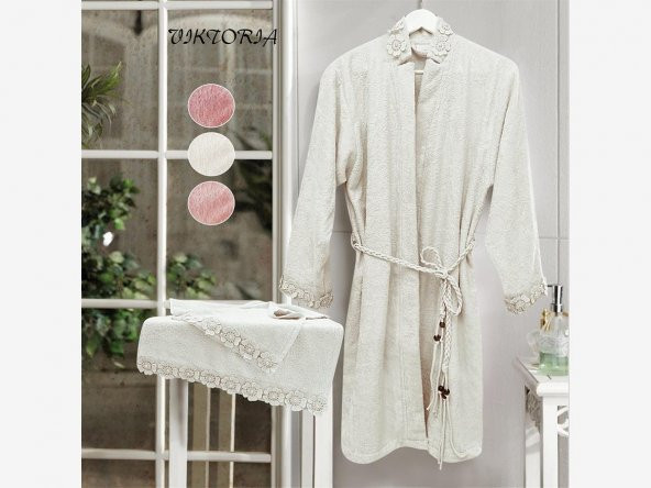 Bambu Dantelli Viktoria Bayan Bornoz Seti Krem ürün görseli