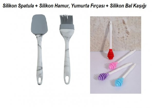 Silikon Set Spatula Hamur Fırçası Mermer Desenli+Bal Kaşığı