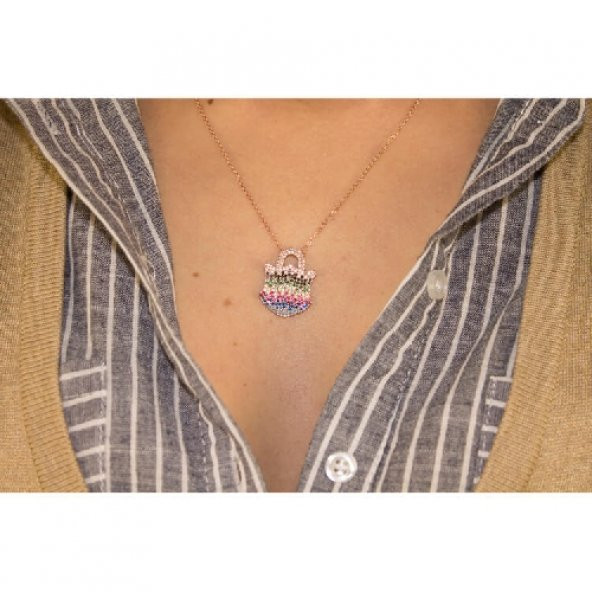 Kilit Figürlü Renkli Zirkon Taşlı Kolye