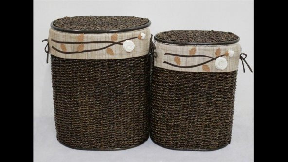 Homex Kahve Oval İkili Bambu Hasır Sepetler-48x35x58cm-40x28x53cm