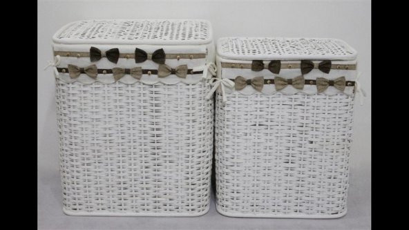 Homex Beyaz İkili Bambu Hasır Sepetler- 48x35x58cm-43x30x53cm