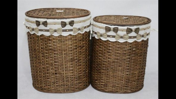 Homex Kahve Oval İkili Bambu Hasır Sepetler-48x35x58cm-43x30x53cm