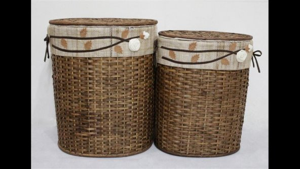Homex Kahve Oval İkili Bambu Hasır Sepetler-48x35x58cm-43x30x53cm