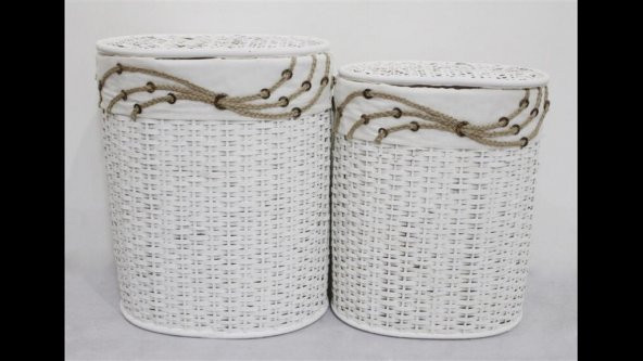 Homex Beyaz Oval İkili Bambu Hasır Sepetler-48x35x58cm-43x30x53cm