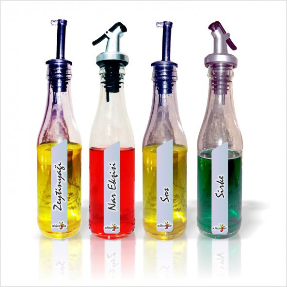 Restaurant Cafe Bar Malzemeleri 4lü Set Basmalı Kapak Tapalı Cam Şişeli Aparatlı Zeytinyağlık Sosluk