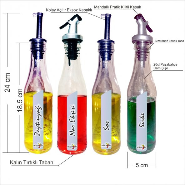 Restaurant Cafe Bar Malzemeleri 4lü Set Basmalı Kapak Tapalı Cam Şişeli Aparatlı Zeytinyağlık Sosluk - 2