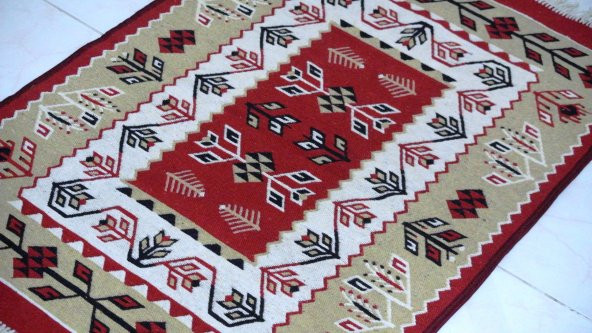 Makine Dokuması Uşak Antik Kilimi, Pamuklu, Kenarları Püsküllü - 5