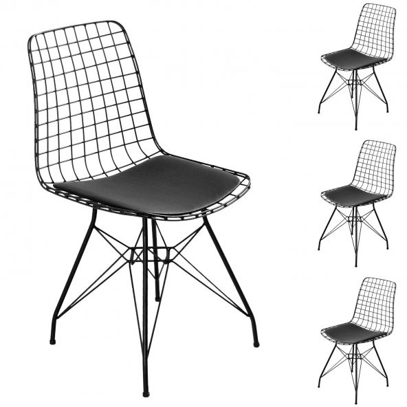 Evform 4lü Tel Sandalye Mutfak Bahçe Ofis Sandalyesi - Siyah