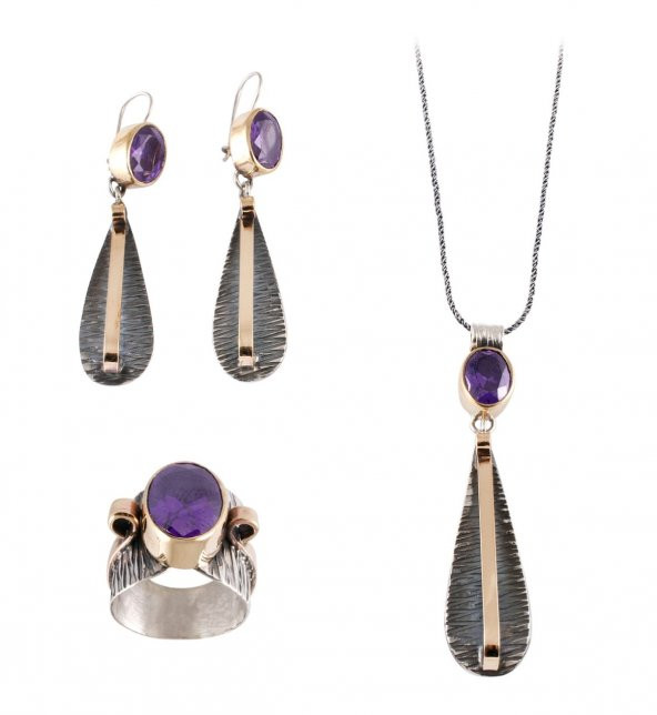 Ametist Taşlı Çekiç Dövme Gümüş Set