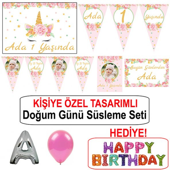Kız Bebek Doğum Günü Süsleme Seti Unicorn Konsept 1 Yaş