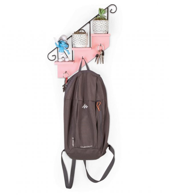 Ahşap Ve Ferforje Merdiven Anahtarlık - Duvar Rafı - Dekoratif Anahtarlık Ve Raf - 5