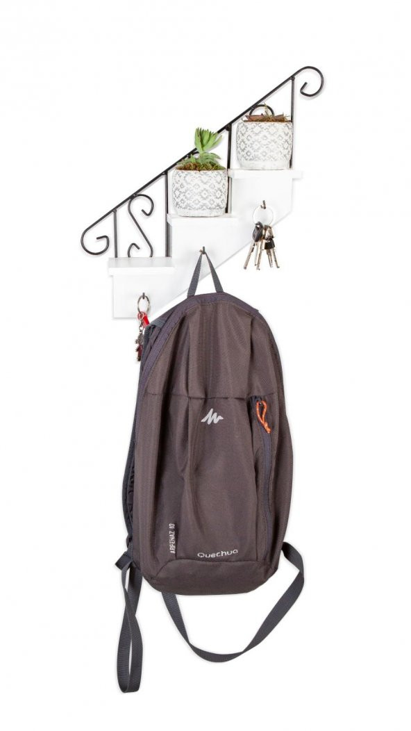 Ahşap Ve Ferforje Merdiven Anahtarlık - Duvar Rafı - Dekoratif Anahtarlık Ve Raf - 2