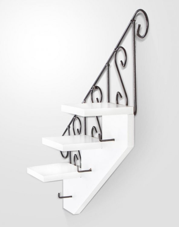 Ahşap Ve Ferforje Merdiven Anahtarlık - Duvar Rafı - Dekoratif Anahtarlık Ve Raf - 3