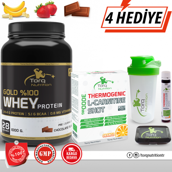 Torq Nutrition Gold %100 Whey Protein Tozu 1000 Gr + Thermogenic L-Carnitine Shot 3000 mg 8 Adet