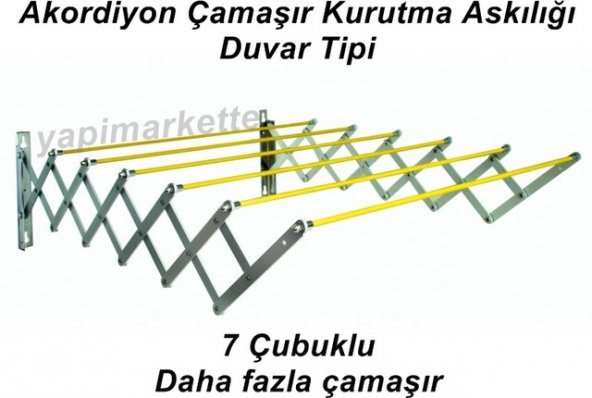 Maxas Xberen Akordiyon Katlanır Çamaşırlık, Paslanmaz Malzeme YENİ KALİTE!!! 90 cm 7 çubuk Sarı Renk